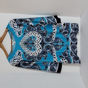 DressBarn Women's Black White Blue Floral 3/4 Sleeve Tunic Top, Mp